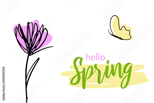 Hello Spring vector set with lettering, abstract flower, and butterfly. Modern hand-drawn doodle style elements. Perfect for greeting cards, invitations, or seasonal web banners.