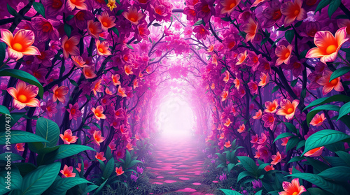 Ethereal Pink Blossom Forest Tunnel with Magical Glowing Path, Surreal Floral Archway and Lush Green Leaves, Vibrant Fantasy 3D Rendering Concept Art