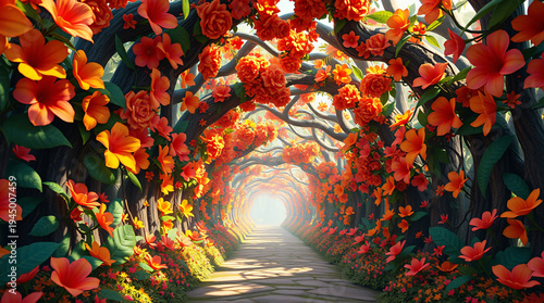 Enchanted Path through a Stylized Fantasy Floral Archway, Vibrant Orange Flower Forest Tunnel with Magical Soft Lighting, 3D Rendered Game Environment Backdrop