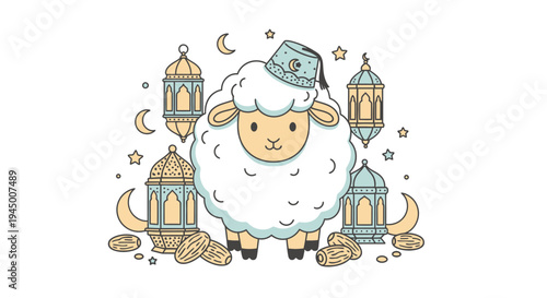 Eid al-Adha Celebration - Cartoon Sheep with Lanterns and Crescent Moons.