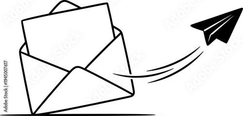 Envelope with a paper airplane flying out of it in one line art style. Mail drawing with editable black stroke on white background.
