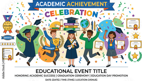 Dynamic illustration of diverse graduates jumping with joy, celebrating academic success and educational milestones with diplomas, trophies, and festive confetti