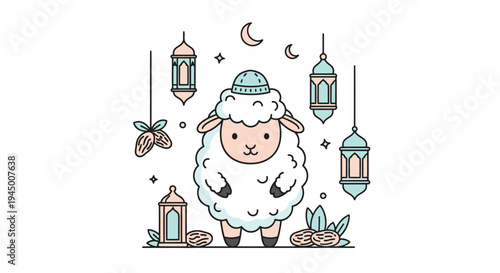 Eid al-Adha Sheep Illustration with Lanterns and Crescent Moons.