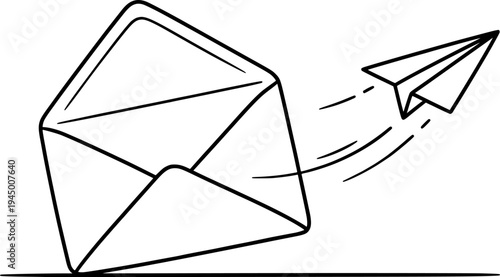 Envelope with a paper airplane flying out of it in one line art style. Mail drawing with editable black stroke on white background.
