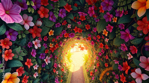 Sun-Drenched 3D Stylized Fantasy Tunnel with Colorful Blooming Flowers and Lush Green Vines Leading Towards a Bright Radiant Exit in a Secret Garden