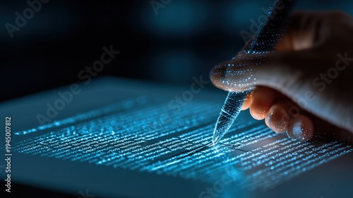 Futuristic digital signature process with electronic pen on glowing screen