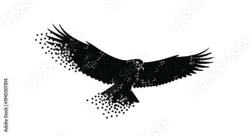 Majestic eagle in flight, wings spread wide, dissolving into a swarm of dots.