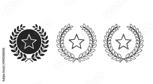 Set of 3 award star icons vector, laurel wreath