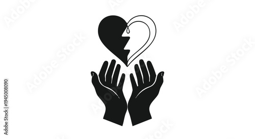 Vector illustration of broken heart in hands, black