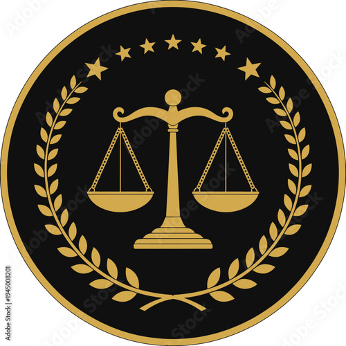Gold scales of justice symbol representing law balance and legal concept in vector illustration