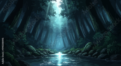 Mystical Forest Scene with Sunlight and River
