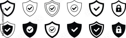Collection of black and white shield icons with checkmarks and lock symbols security protection