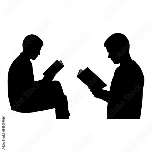 Two individuals engrossed in reading books together in a quiet moment Vector, illustration