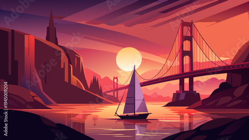 Sailboat Passes Under Massive Suspension Bridge During Vibrant Coastal Sunset Landscape Scenery golden gate bridge