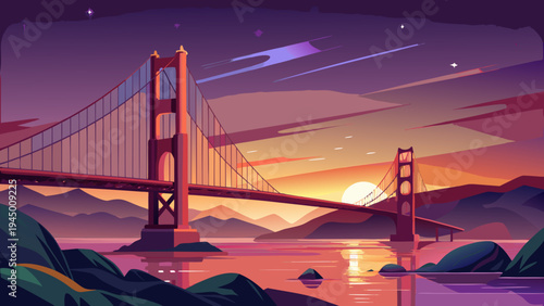 Iconic Suspension Bridge at Dusk Over Water Mountains Scenery Stylized Digital Artwork Background golden gate bridge