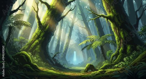 Mystical Sunlit Forest with Atmospheric Fog
