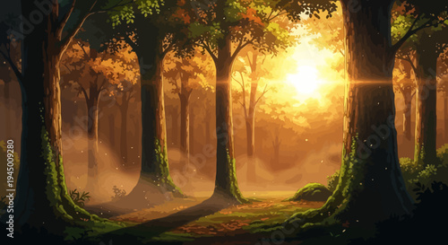 Sunlit Forest Scene With Morning Haze