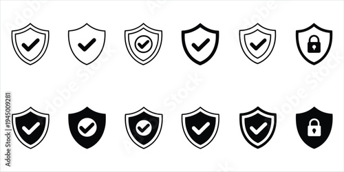 Collection of shield icons with checkmarks and lock symbols for security Keywords: security, shield, checkmark, tick, lock