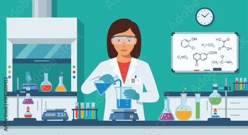 Chemical Engineer Mixing Chemicals

Flat vector illustration of a chemical engineer carefully mixing chemicals in laboratory glassware such as beakers and flasks. Flat vector style