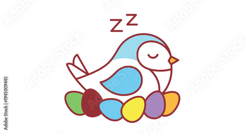 Sleeping Bird on Nest of Colorful Eggs Illustration.