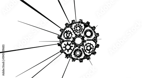 Intricate clockwork gears with radiating lines on a white background, symbolizing mechanism and progress.