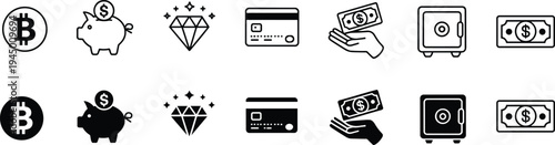 Financial icons including Bitcoin, piggy bank, diamond, credit card, hand with coin and safe cryptocurrency