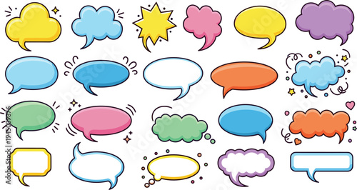 Colorful Comic Speech Bubble Collection with Cartoon Chat Balloons Message Dialog Clouds and Doodle Conversation Elements for Social Media Vector Illustration Set