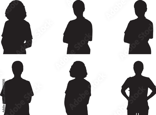 Set of 6 diverse human silhouette vectors, black anonymous figures for design projects
