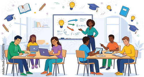 Modern education scene with diverse students in a classroom collaborating and learning from their teacher at a whiteboard, inspiring intellectual growth and innovative thinking