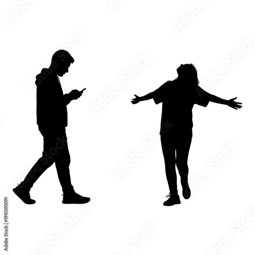 Two individuals walking in opposite directions while using their phones and gesturing. Vector, illustration