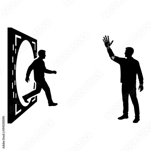 Man interacting with a mirror image of himself while another person observes Vector, illustration