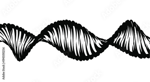 Abstract black and white graphic representing a DNA helix on a white background.