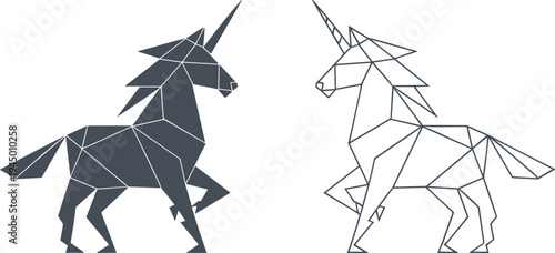 Geometric origami unicorn silhouette and outline on white background mythical creature polygonal