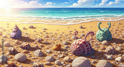 Colorful Seashells Scattered on a Sandy Beach Under Sunny Skies
