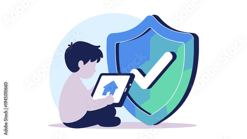 Child Using Tablet with Secure Home Icon and Protective Shield vector illustration