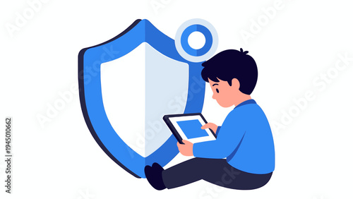 Boy Using Tablet with Security Shield Protection vector illustration