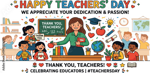 Vibrant illustration celebrating Happy Teachers' Day, showcasing diverse students expressing gratitude and appreciation to their dedicated educators in a lively classroom setting