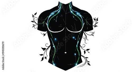 Abstract male torso with glowing vines and celestial energy