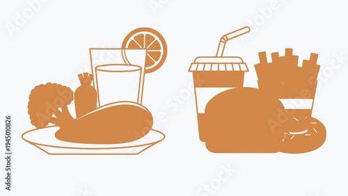 Healthy Vs Unhealthy Food Outline Icon Set vector illustration