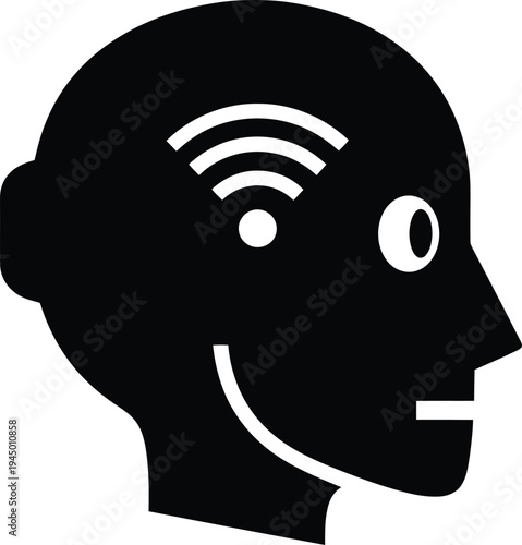 Black silhouette of a human head with a WiFi signal on forehead smiling
