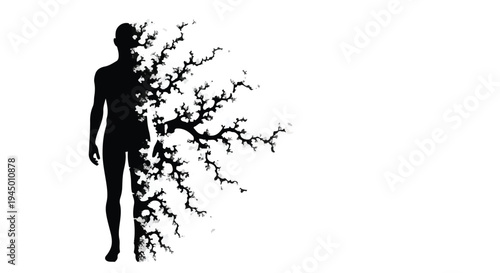 Silhouette of a person dissolving into abstract organic shapes, symbolizing transformation and change.