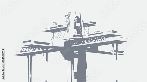Monochrome Offshore Platform Silhouette vector illustration