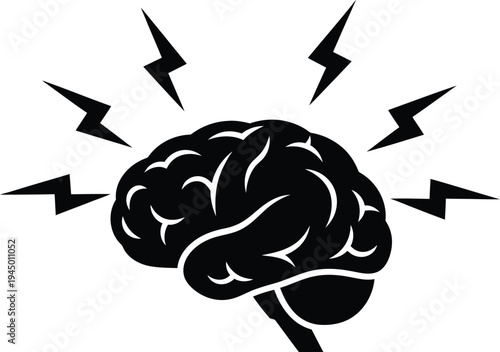 Black silhouette of human brain with lightning bolts around it on white background