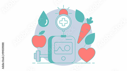 Diabetes Management Concept with Glucometer and Healthy Lifestyle Elements vector illustration
