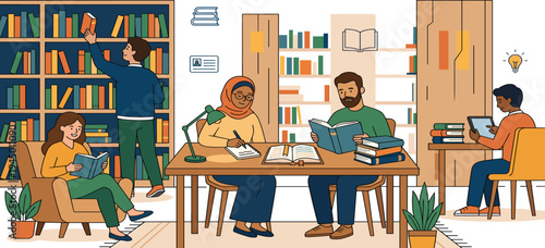 Diverse group of people studying and reading books in a well-lit library with numerous bookshelves in the background