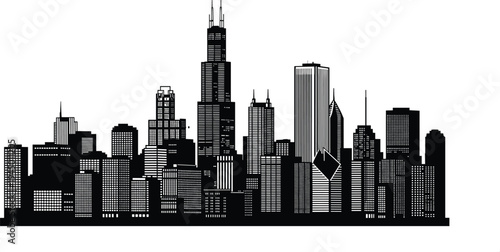 Chicago skyline silhouette with Willis Tower skyscrapers, Illinois cityscape architecture landmark vector illustration isolated black downtown urban buildings.