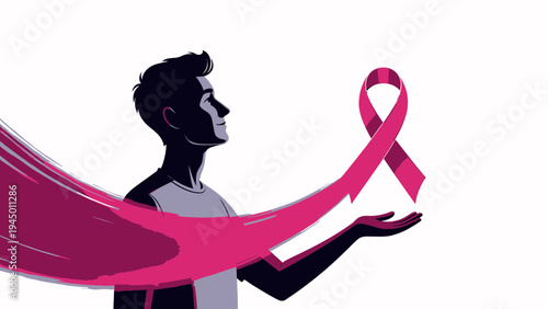 Man Holding Pink Ribbon Breast Cancer Awareness Concept vector illustration
