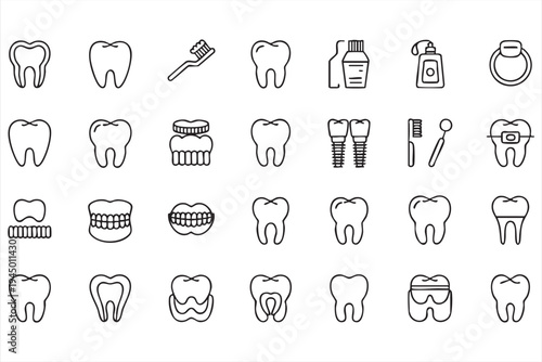 Black Outline Tooth Dentistry Icons with Brush Implant and Braces