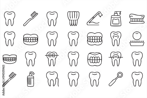 Modern Dentistry Icon Set Featuring Tooth Implant and Orthodontics