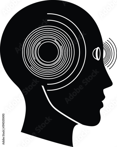 Black silhouette of human head with white concentric circles and lines coming out